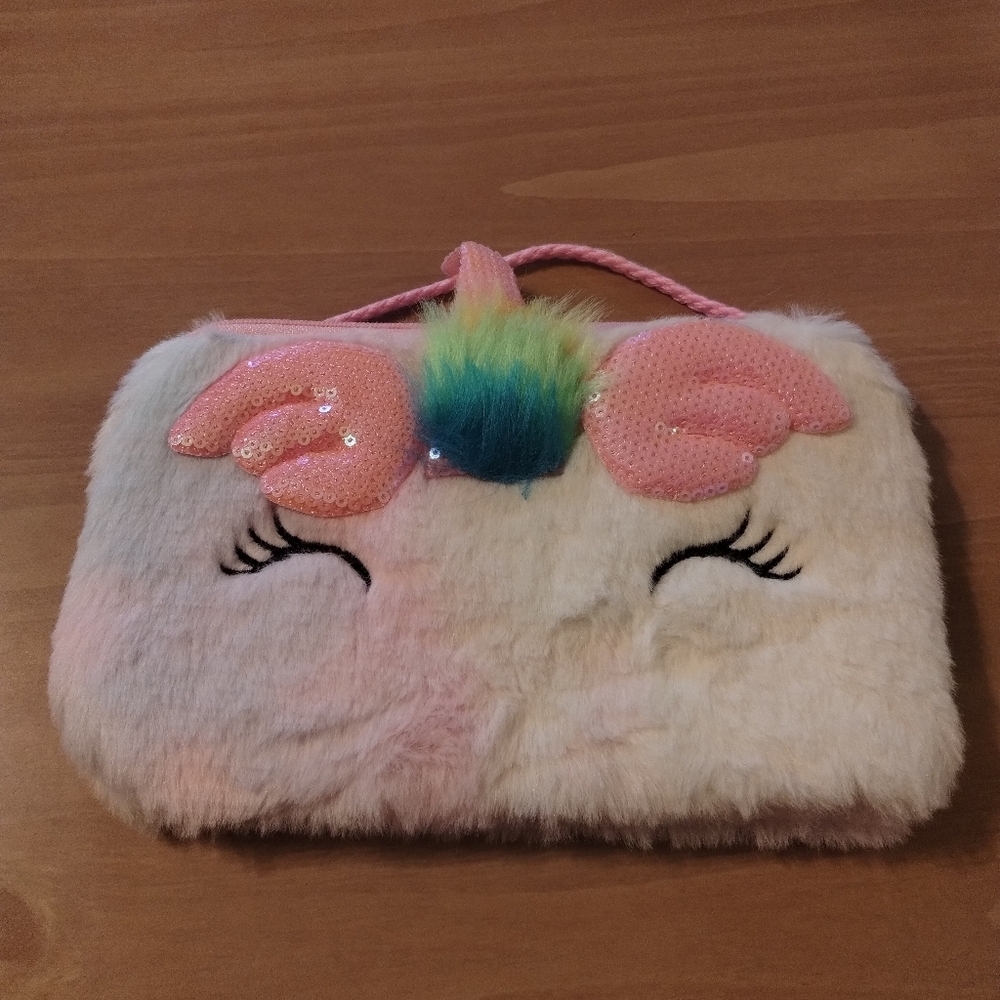 Fluffy Unicorn Crossbody Purse – Pink Sequin Horn – Kids/Teen Bag – Furry